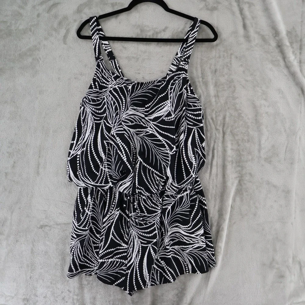 Swim Solutions Romper Swimsuit Women 20W Black Leaf Print Tummy Control $122 NWT - Picture 2 of 16